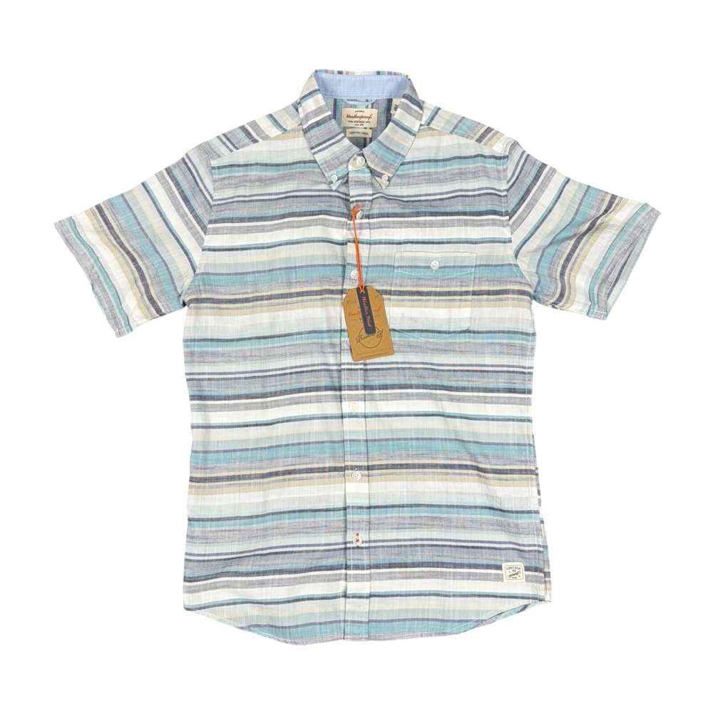 NWT Weatherproof Vintage Shirt Men Small Blue Striped Country Twill Short Sleeve